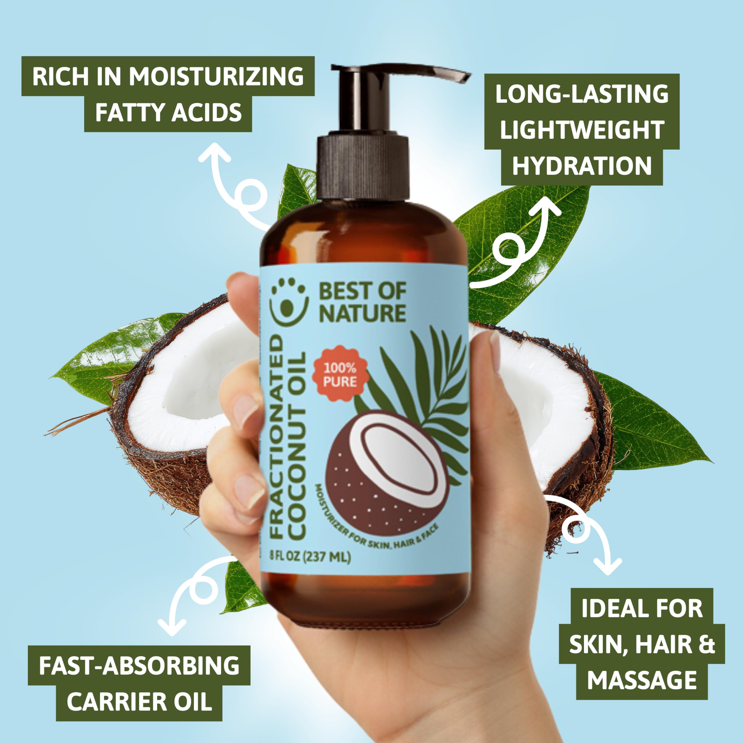 Best of Nature 100% Pure Fractionated Coconut Oil - Natural Massage Oil, Unscented Moisturizer for Men and Women, for Skincare and Hair Care, Carrier for Essential Oils, Half Gallon (64 fl oz)