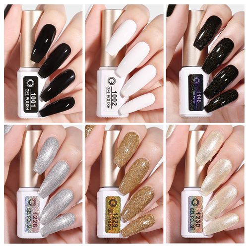 GAOY Gel Nail Polish Kit with UV Light Fast Curing LED Nail Lamp and 6 Gel Polish Colors of Black White Glitter Including Manicure Tools Top/Matte/Base Coat Nail Art Gel Nail Kit