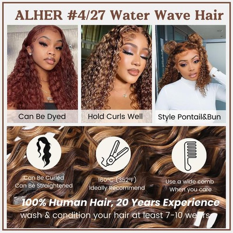 ALHER Honey Blonde Highlight Water Wave Bundles 22 Inch P4/27 Ombre Single Bundles Wet and Wavy Bundles Human Hair Highlight Brown Color 12A 100% Brazilian Virgin Remy Hair for Black Women