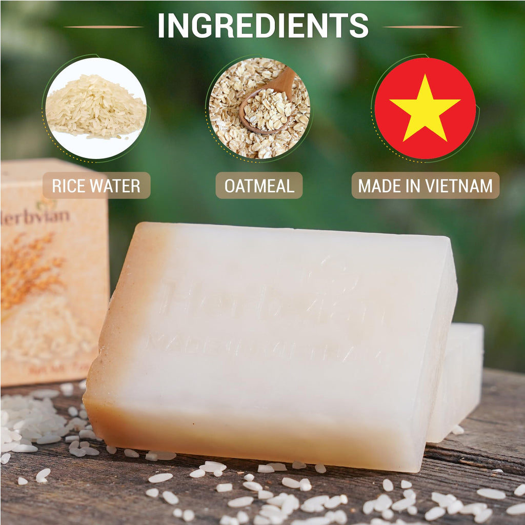 Herbvian 2 Pcs Vietnamese Rice Water Soap Bar for Face Body with Oatmeal Powder, 100% Natural Rice Milk, Gentle Moisturizing Skin Clenaser, Handmade, Soft Long Lasting