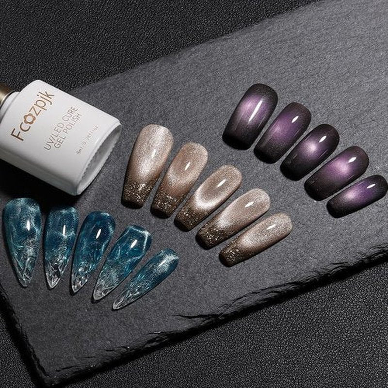 Fcozpjk Cat Eye Gel Nail Polish, Sparkle Glitter Cat Eye Gel Nail Polish Set with Magnet Stick Top & Base Coat, Pink Wine Red Blue Silver Cateye Nail Gel Kit Salon Gel Manicure Supplies 6 Colors
