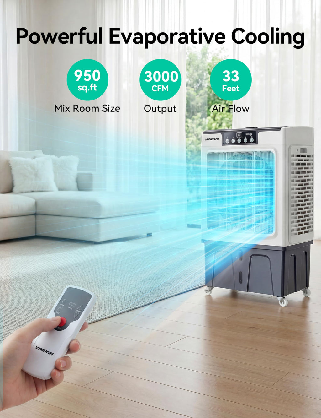 VAGKRI Swamp Cooler, 3100 CFM Evaporative Air Cooler with 12 Gallon Tank, 120° Oscillation, 3 Modes & 3 Speeds, 24H Timer, Remote Control, Outdoor Cooling Fan with Auto Fill for Patio, Garage, Factory