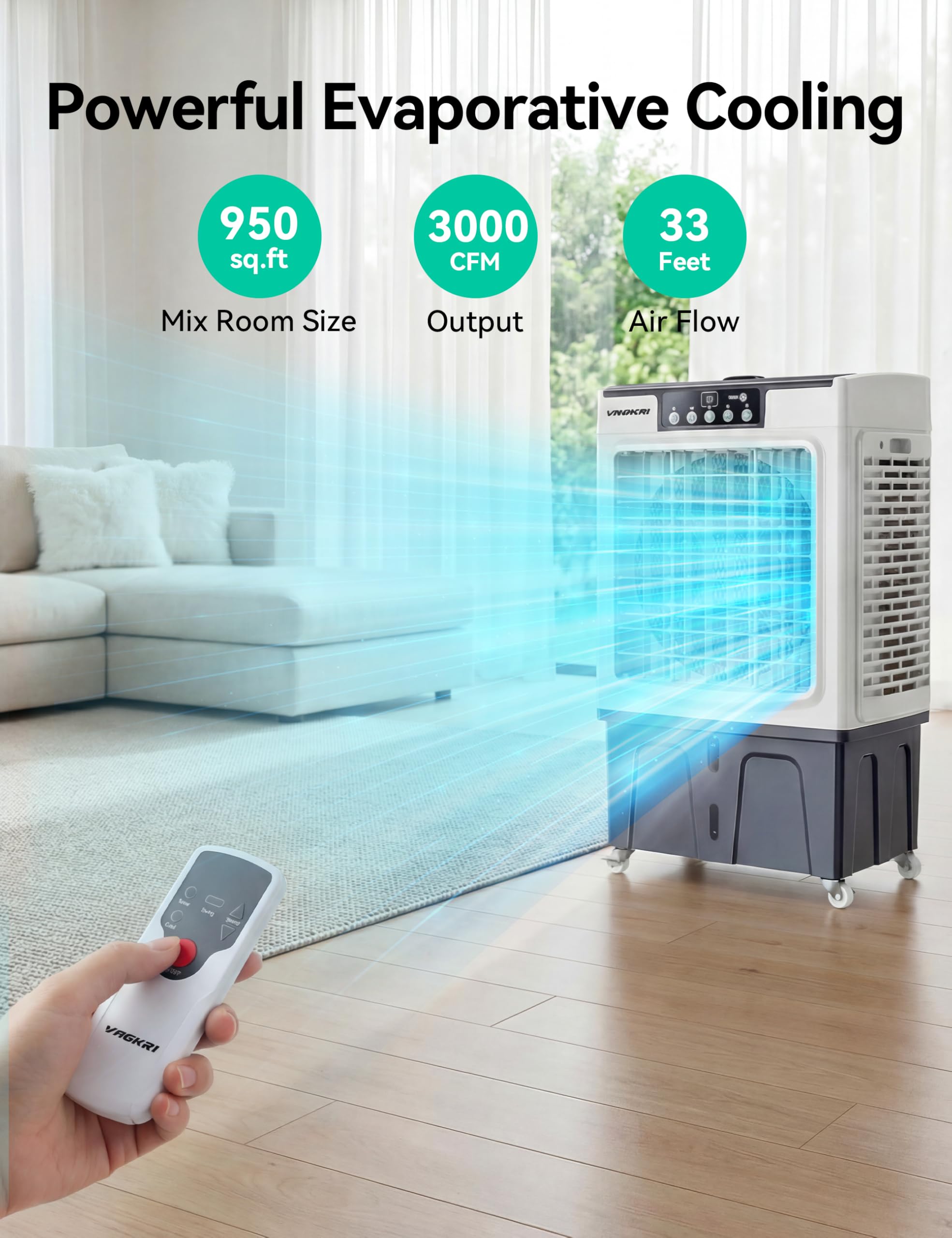 VAGKRI Swamp Cooler, 3100 CFM Evaporative Air Cooler with 12 Gallon Tank, 120° Oscillation, 3 Modes & 3 Speeds, 24H Timer, Remote Control, Outdoor Cooling Fan with Auto Fill for Patio, Garage, Factory
