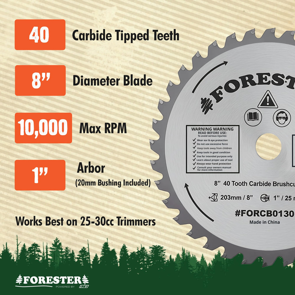 FORESTER Carbide Tip Brush Cutter Blade - 8in x 40 Teeth | Fits Most Straight Shaft Trimmers | Conversion Kit Sold Separately