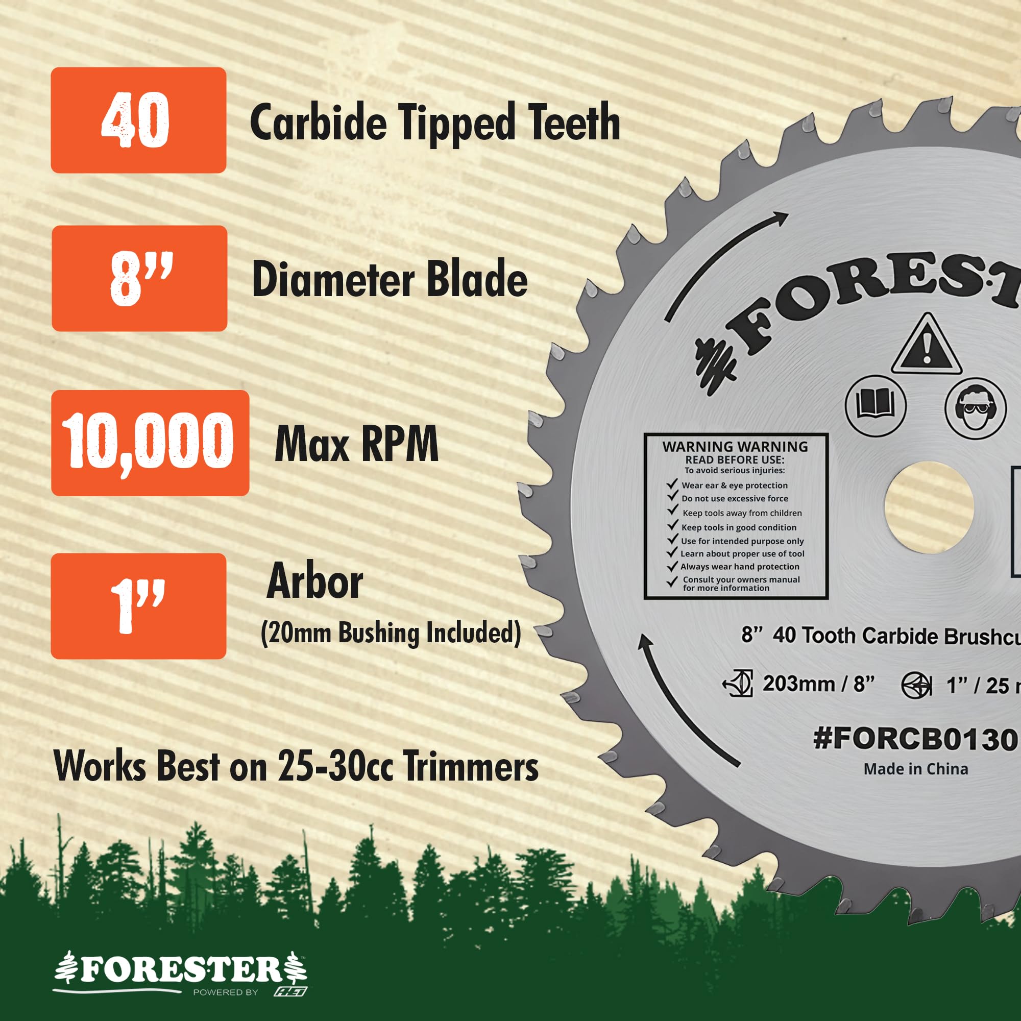 FORESTER Carbide Tip Brush Cutter Blade - 8in x 40 Teeth | Fits Most Straight Shaft Trimmers | Conversion Kit Sold Separately