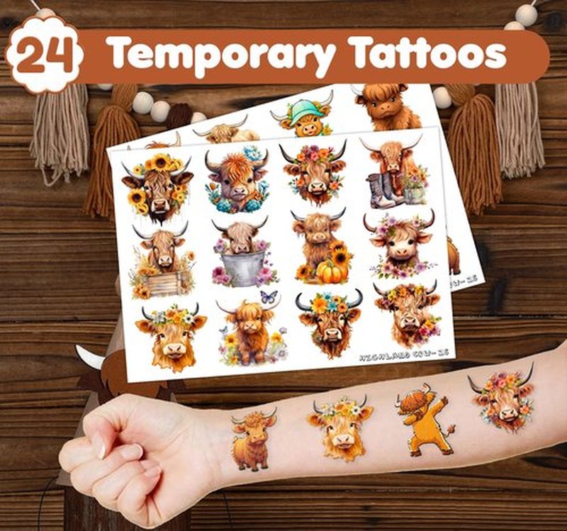 Cherisnowy 48PCS Highland Cow Party Set - 24PCS Temporary Tattoos & 24PCS Slap Bracelets - Farm-Themed Birthday Supplies, Baby Shower Gifts, Classroom Rewards & Party Decor for Kids (Boys & Girls)