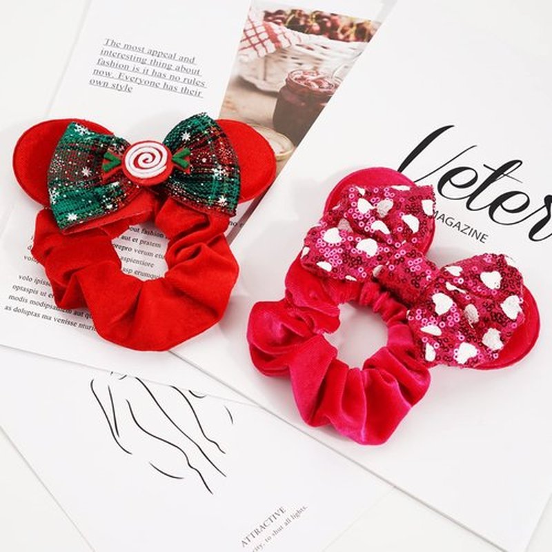 6 Pack Mouse Ears Scrunchies Velvet Sparkle Sequin Bows Hair Scrunchies Hair Ties Elastic Rubber Bands Christmas Ponytail Holders for Kids Women Girls Adult Christmas Party Decoration