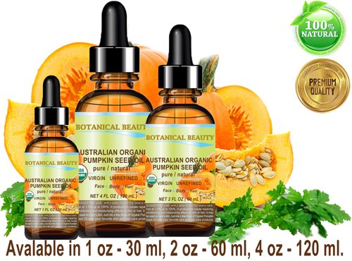 Botanical Beauty Australian ORGANIC PUMPKIN SEED OIL 100% Pure Natural Virgin Unrefined Cold Pressed Carrier Oil for Face, Skin, Hair, Lip, Nails (4 Fl Oz)
