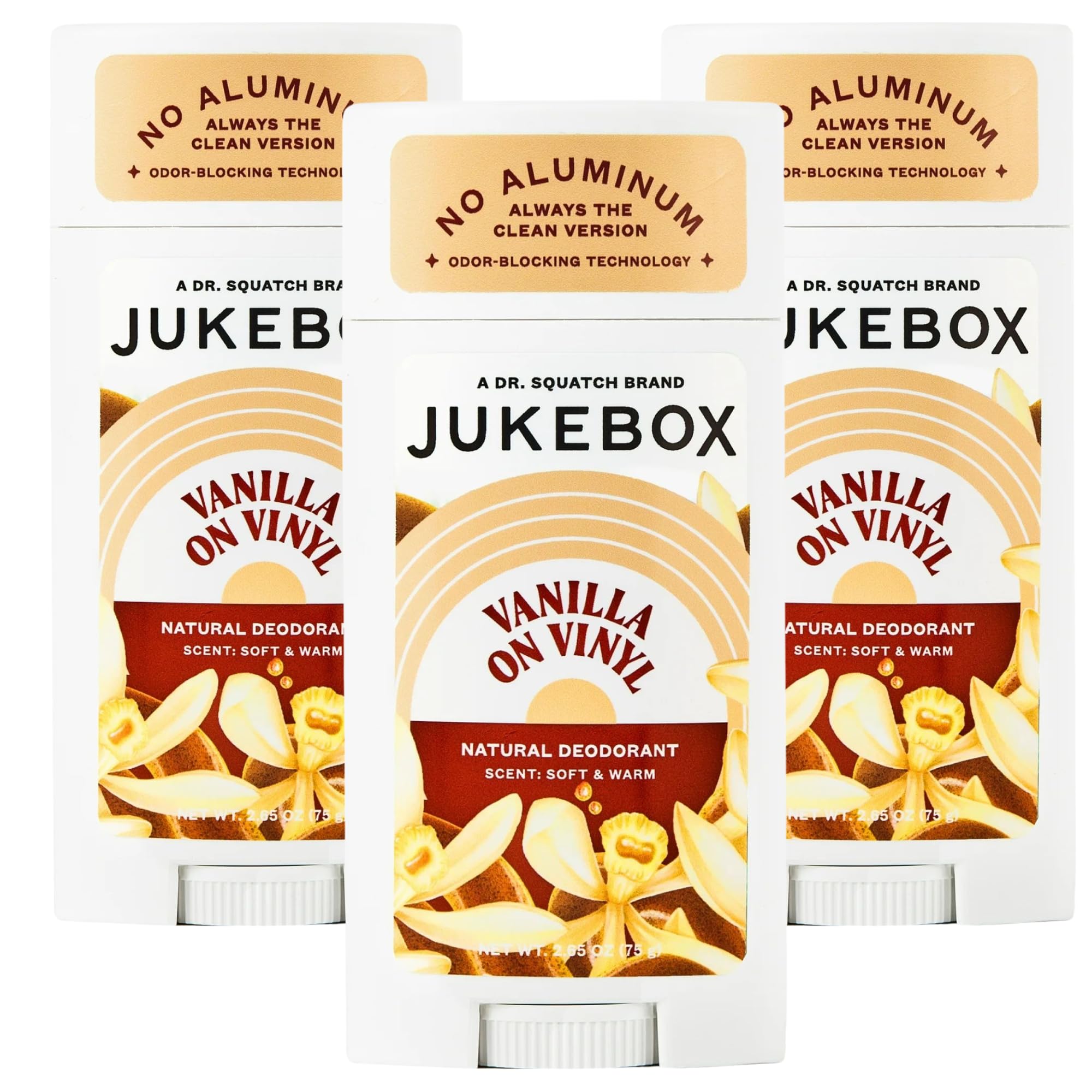 Jukebox Natural Deodorant for Women–Vanilla on Vinyl-Aluminum-Free, No Baking Soda, No Harsh Chemicals, Odor Blocking Technology, Vanilla Bean, Ylang Ylang, Amber-a Dr. Squatch Brand-2.65oz, 3 Pack