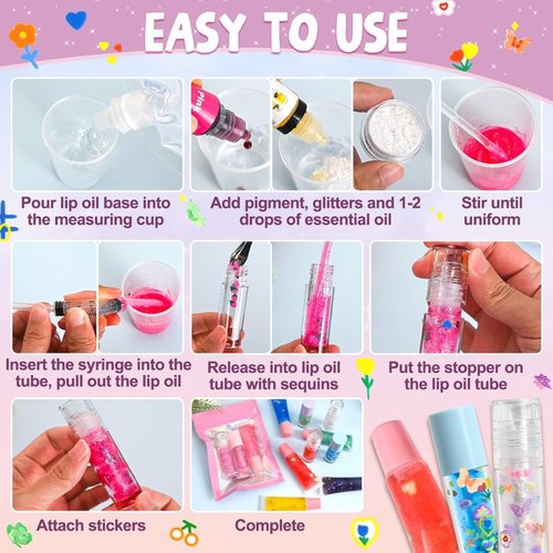 Jcoos DIY Lip Gloss Oil Make Your Own Lip Gloss Kit, Inspired Lip Oil Base with Pigment, Flavoring Oil, Glow Tubes, DIY Lip Gloss Making Kit, Moisturizing Lipglosses for Girls Women Christmas Gifts