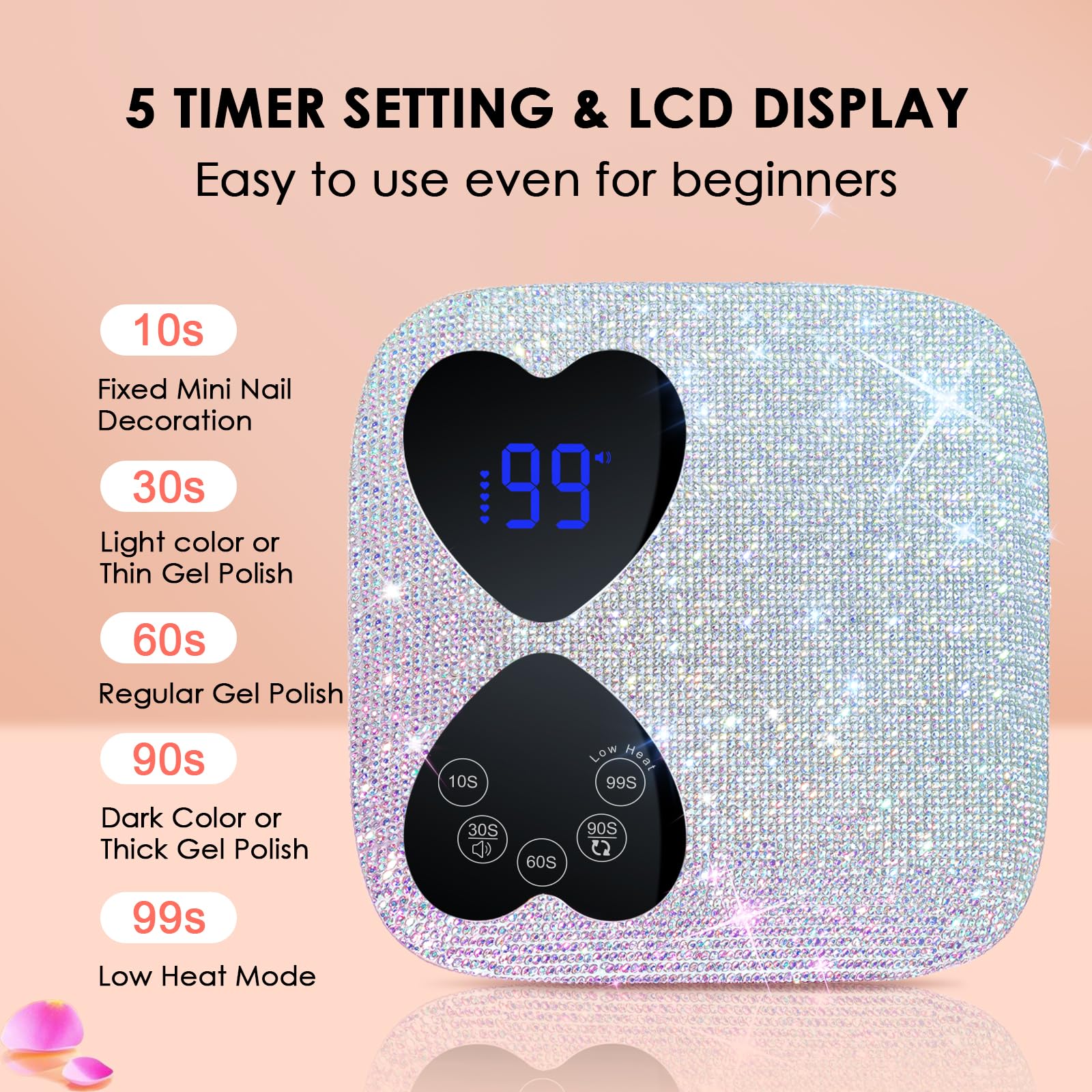 UV LED Nail Lamp Cordless, HUITINE 80W Rechargeable UV Light for Gel Nails, Professional Gel Light Dryer with 5 Timers & Mirror Base, Sparkling Rhinestones Diamond Curing Lamp for Salon & Home