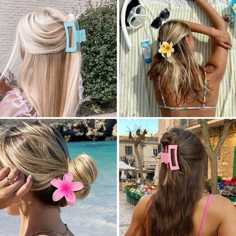 Flower Hair Clips for Women Square Claw Clips for Girls 2 Styles Hair Claw Clips for Thick or Thin Hair 6 PCS Hawaiian Hibiscus Rectangle Large Plumeria Medium Hair Accessories for Women (Pink)