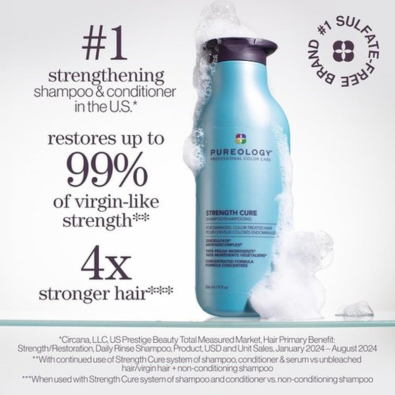 Pureology Strength Cure Shampoo - Strengthens Damaged & Color-Treated Hair | Vegan & Sulfate-Free