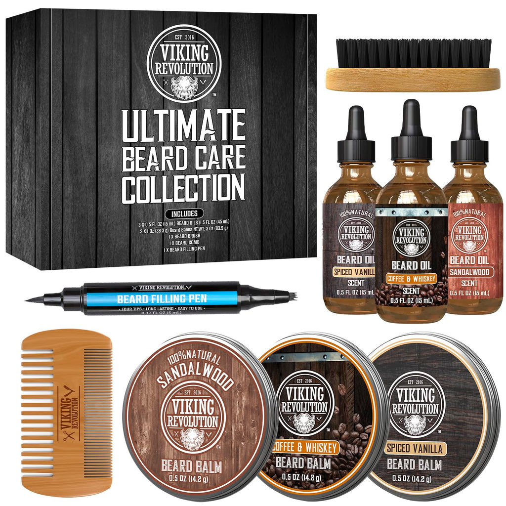 Viking Revolution 3 Pack Ultimate Beard Care Collection - Each Pack Includes 3 Beard Oils (3 X 0.5 FL OZ), 3 Balms (3 X 0.5 OZ), Brush, Wooden Comb & Filling Pen. Soften, Condition & Style