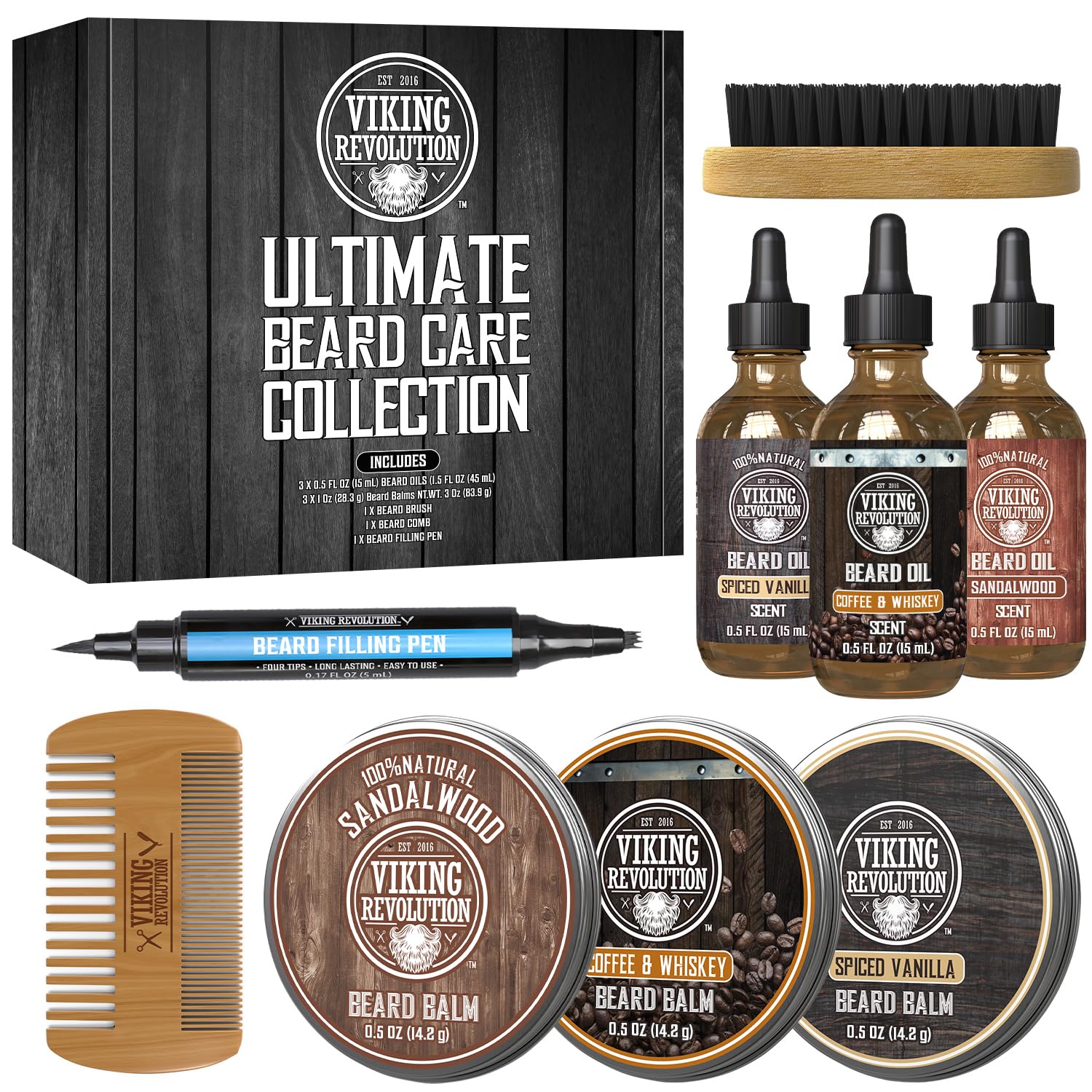 Viking Revolution 3 Pack Ultimate Beard Care Collection - Each Pack Includes 3 Beard Oils (3 X 0.5 FL OZ), 3 Balms (3 X 0.5 OZ), Brush, Wooden Comb & Filling Pen. Soften, Condition & Style