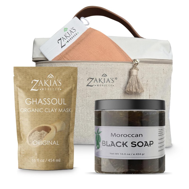 Zakia's Ultimate Moroccan Bath & Shower Set - 100% natural Moroccan "Beldi" Black Soap (Original Formula), Body Scrub, Pure & Natural, Purifying, Cleansing, exfoliating for Hammam Ritual