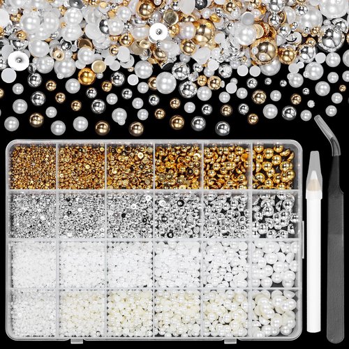 9000 Pcs Gold Silver Flatback Pearls for Crafting, Half Round Nail Gems, 2-8 mm White Beige Beads for DIY Jewelry Face Makeup With Pickup Pencil Tweezer