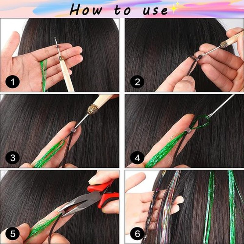 25 Colors Tinsel Hair Extension Heat Resistant With Tool,48 Inches 6000 Strands Fairy Hair extension kit for Halloween Cosplay Christmas New Year Birthday Theme Party,Highlights Sparkling Glitter Hair