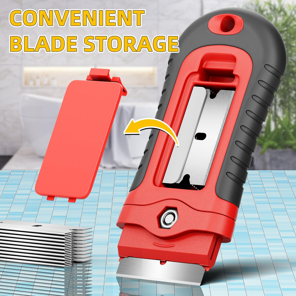 DIYSELF 1 Pack Razor Blade Scraper with 15 Extra Blades, Scraper Tool for Cleaning Window, Paint, Cooktop, Oven, Glass Stove Top Scraper, Razor Scraper with Buit-In Blade Storage
