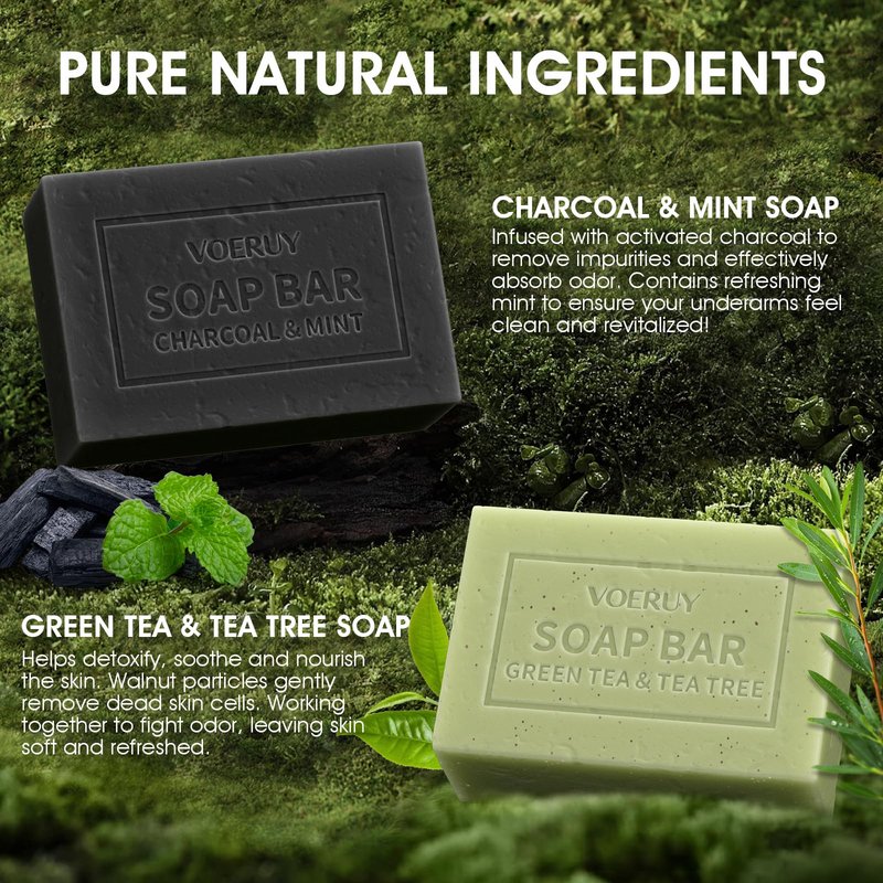 Underarm Detox Soap, 2 Pcs Armpit Detox Soap with Green Tea & Tea Tree, Charcoal & Mint for Eliminating Odor, Exfoliating, Moisturizing , Bar Soaps for Legs, Knee, Feet, Hands Whole Body - 10 oz（280g）