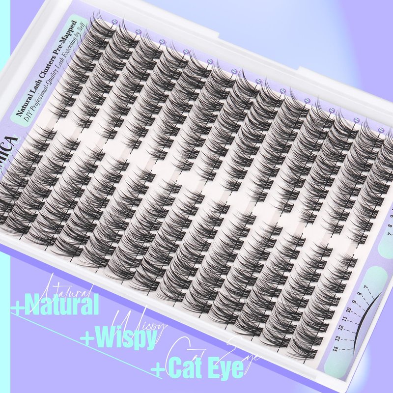 Yawamica Natural Lash Clusters Short Cat Eye Lash Extension 7-14mm Wispy Eyelash Clusters C Curly Individual Lashes Pre-mapped Left Right Cluster Eyelash Extensions DIY Lash Natural Look