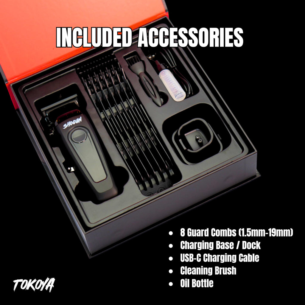 TOKOYA Shogun Professional Hair Clippers – Black Titanium DLC Blade, 7500 RPM Brushless Motor, Adjustable 5-Click Lever, LED Display, USB-C Charging, Cordless Barber Clippers with Guards & Dock
