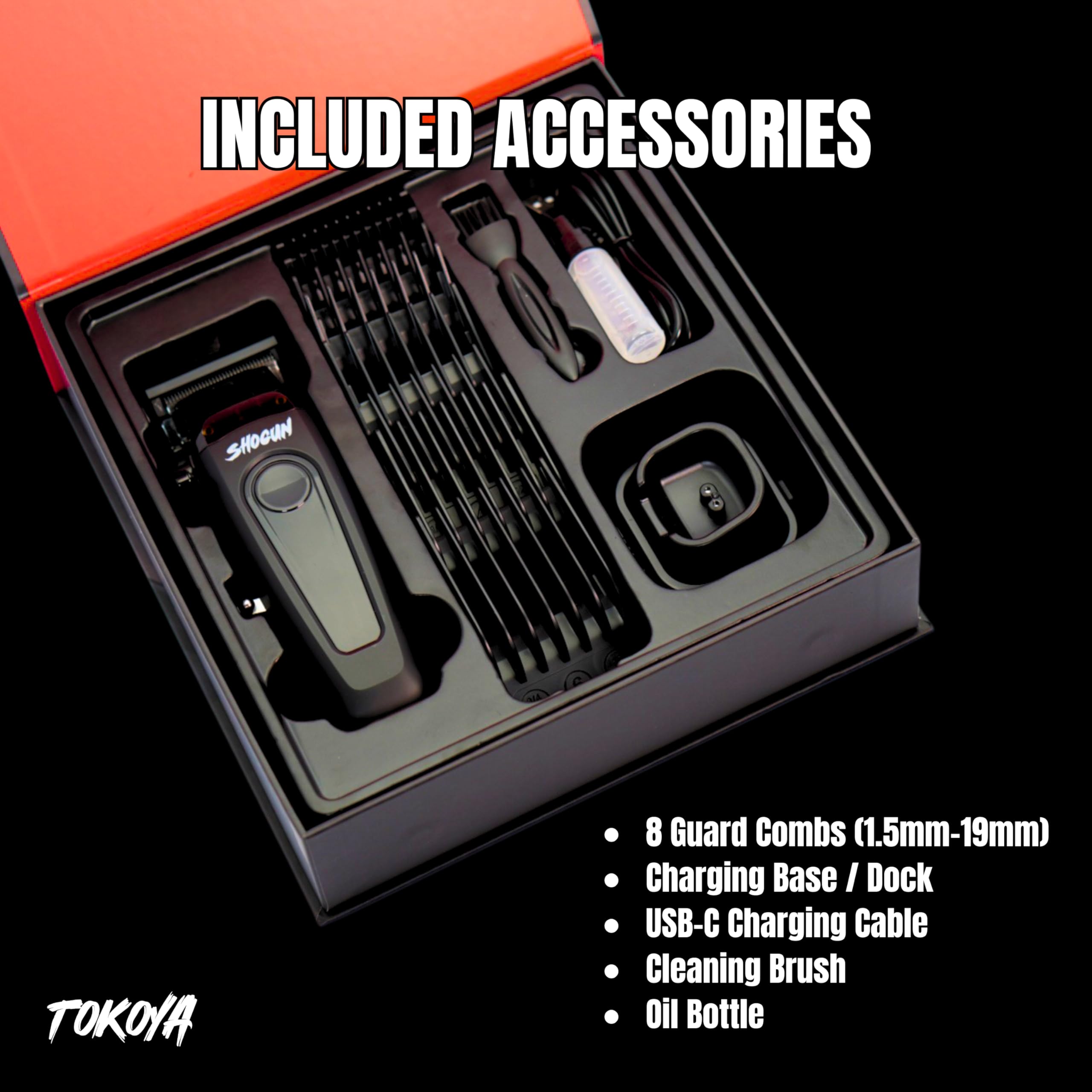 TOKOYA Shogun Professional Hair Clippers – Black Titanium DLC Blade, 7500 RPM Brushless Motor, Adjustable 5-Click Lever, LED Display, USB-C Charging, Cordless Barber Clippers with Guards & Dock