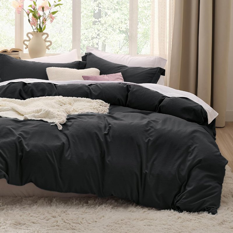 Bedsure Black Duvet Cover Set - Soft Cotton-Like Polyester, Full Size 3-Piece Bedding Set, 80x90 Inches