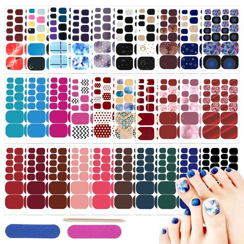 Toe Nail Stickers, DANNEASY 660pcs/30 Sheets Toenails Polish Strips Toes Nail Wraps for Women, UV Free | Self Adhesive Gel Strips Nails with 2 File, 1 Wooden Stick - Solid & Mix Design