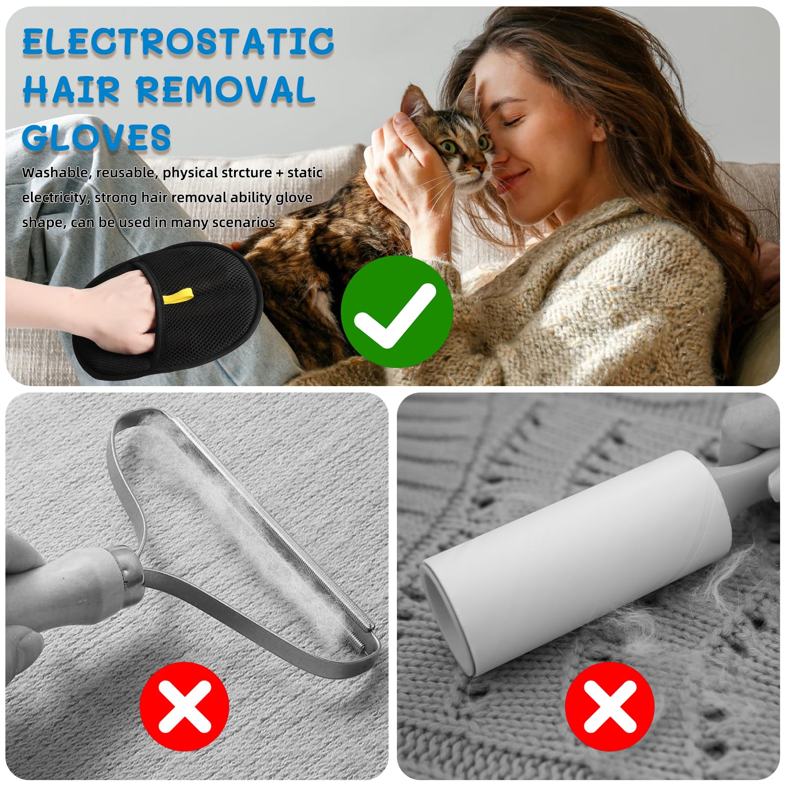 SHBLOMK 2PCS Pet Hair Removal Gloves, Reusable Double Sided Electrostatic Pet Hair Remover Gloves, Washable Dog & Cat Grooming Gloves for Furniture, Bed, Sheets, Couch, Clothes, Carpet and Car Seat