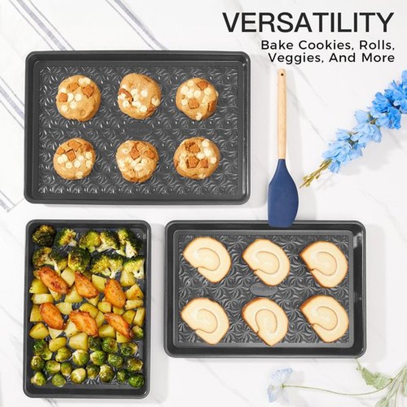 HONGBAKE Nonstick Baking Sheet Pan Set - Heavy Duty Cookie Sheets | 3-Piece Floral Swirl Design, Dark Gray