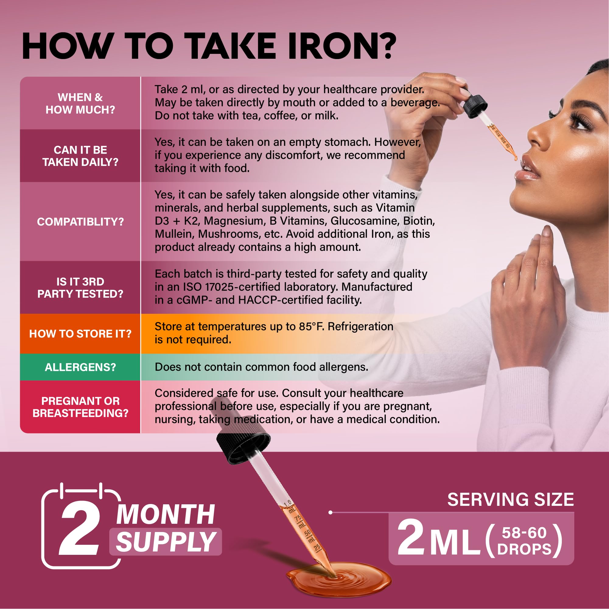 Liquid Iron Supplement for Women 18 mg - USDA Organic Drops - with Folate, Vitamin B12 & B6 - Iron Level & Energy Support - Gentle & High Absorption Glycinate Form - Cherry Flavor, Sugar-Free, 4 fl oz