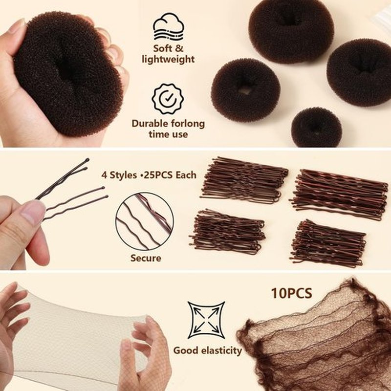 224Pcs Hair Styling Kits: Hair Wax Stick, 100 Clear Hair Elastics, 10 Invisible Hair Nets, 50 U Clips, 50 Bobby Pins, 4 Hair Buns, 3 Combs, 2 Loop Tools, All-in-One Set for Women Girls w/Storage Box