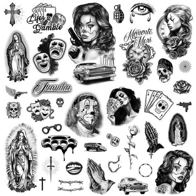 Los Vatos Chicano Vol. I - Cholo and Chola Temporary Tattoos For Men Women, Payasa, Lowrider, Virgin Mary, Prayer, Cross, Chicana, Gangster, Fake Tattoo, Día de Muertos, Tatuajes Temporales