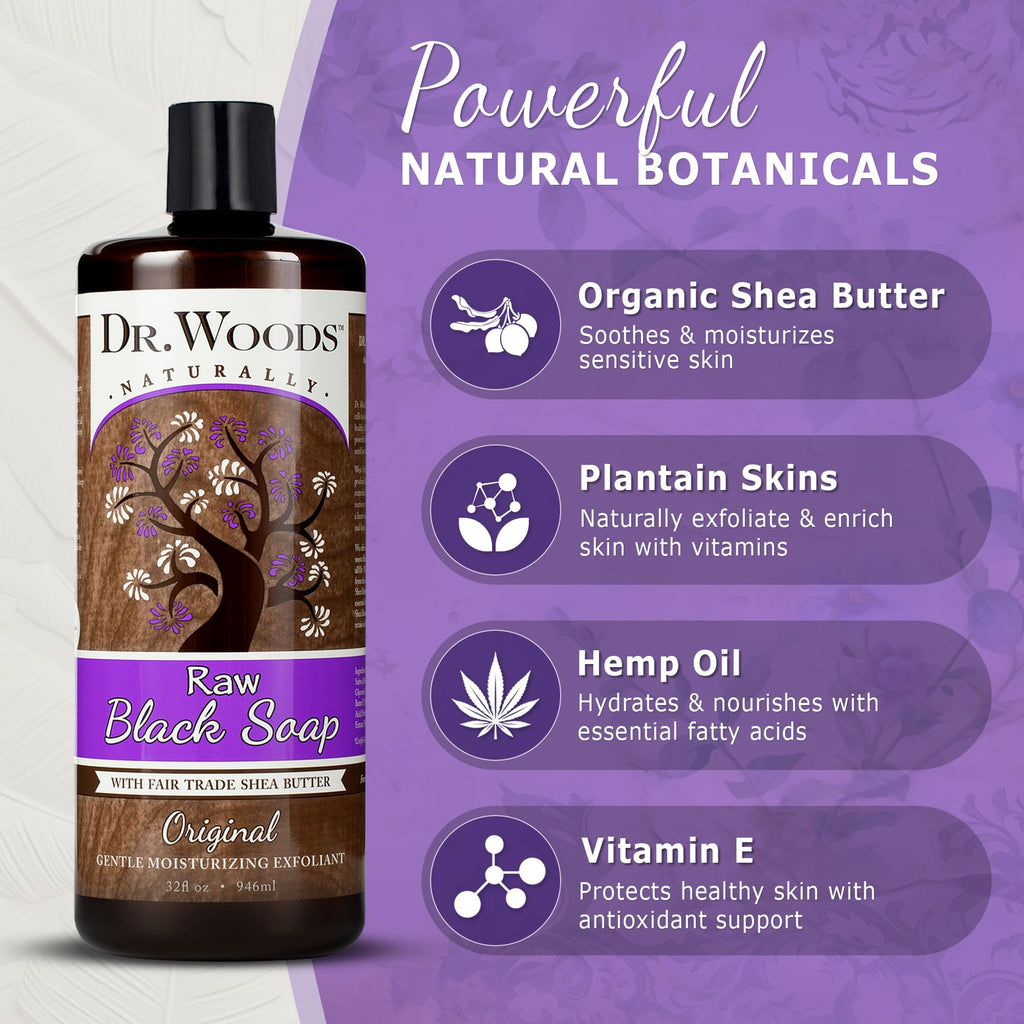 Dr. Woods Raw African Liquid Black Soap - Body Wash for Men and Women, Contains Organic Shea Butter, Gentle Exfoliant, Natural Cleanser for Face, Hands, and Body - 32 Fl Oz, Pack of 3