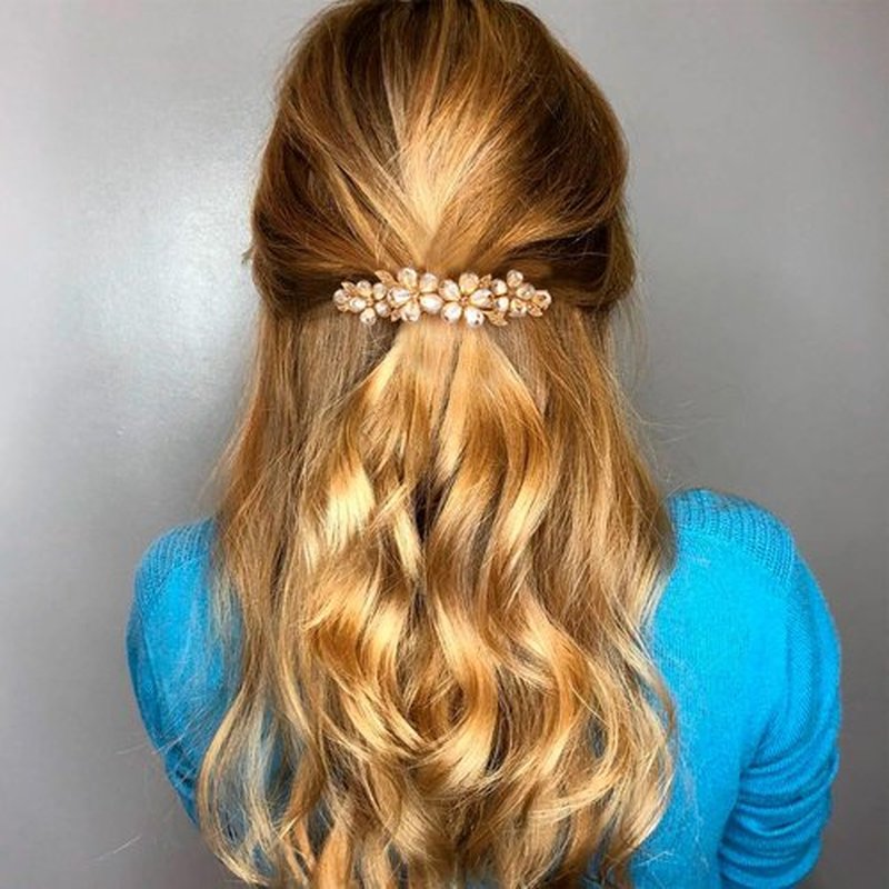 Joez Wonderful Rhinestone Hair Clip Sparkly Crystal Barrettes French Wedding Prom Engagement Pageant First Communion Hair Decorative Accessories for Women Long Hair (Flower Blue, Champagne 2 Pcs)