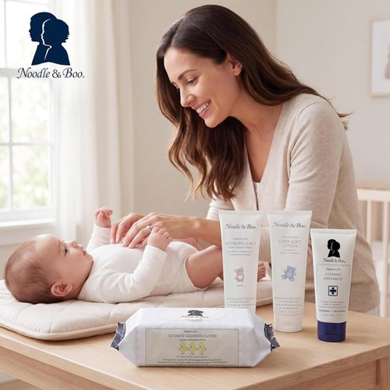 Noodle & Boo Baby Skincare Bundle - Fragrance-Free 4-Piece Set for Sensitive Skin | Ointment, Shampoo, Lotion & Cloths