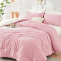 HYMOKEGE Full Size Comforter Set - Luxury Seersucker 7-Piece Bedding in Pink/Ivory for All Seasons