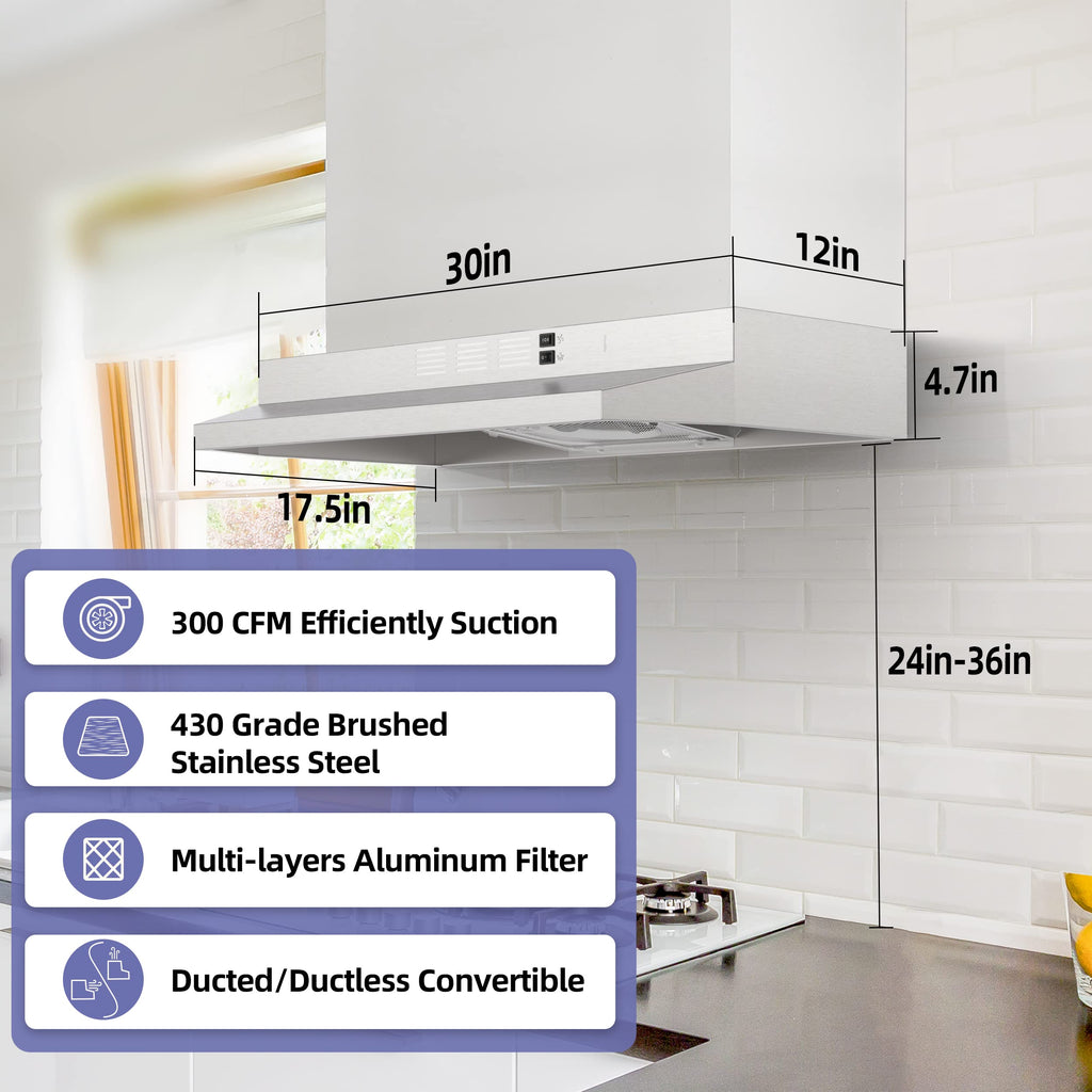 FIREGAS Under Cabinet Range Hood 30 inch, 300 CFM Ducted/Ductless Convertible, 2-Speed Exhaust Fan with LED Light & Rocker Control, Stainless Steel Kitchen Vent Hood