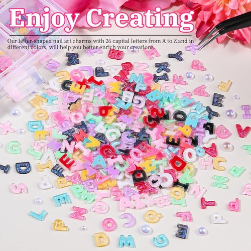 800PCS Letter Nail Art Charms and Half Pearls, Kawaii 3D Alphabet Nail Rhinestones Candy Flatback Resin Charms Glitter Design Decoden Charms for Nails Crafts Nail Decoration Accessories Women DIY