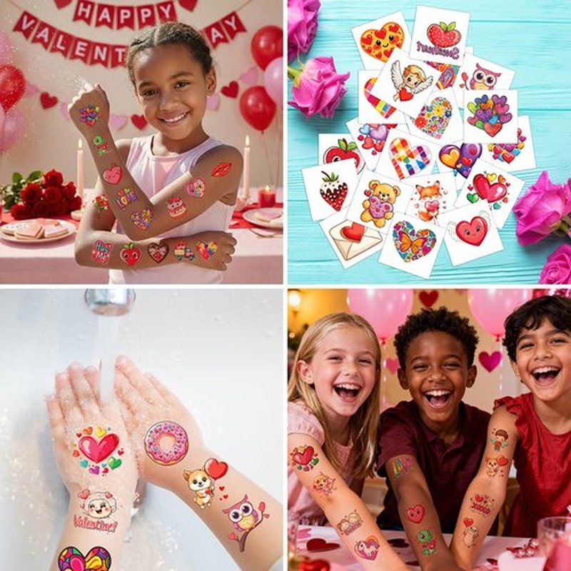 JCFIRE 96Pcs Valentines Day Stickers for Kids Temporary Tattoos, Heart Stickers for Valentines Day Gifts for Kids Classroom Exchange, Waterproof Decals for Party Favors, Goodie Bags, Crafts