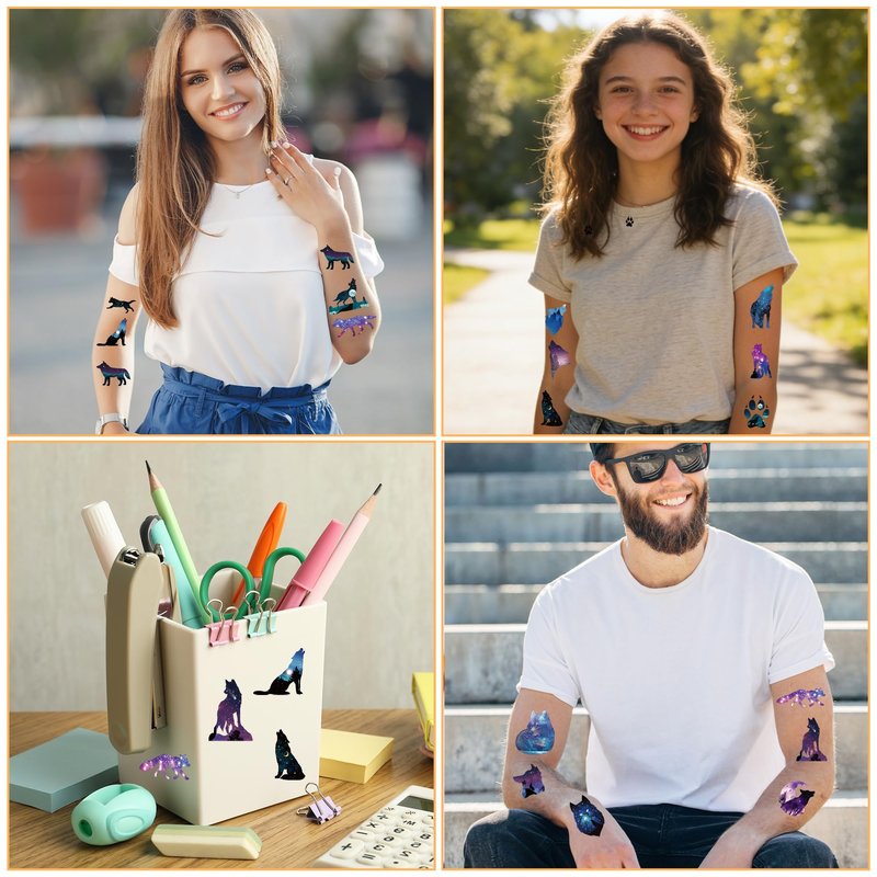 Wolf Party Temporary Tattoos - 200+ Animal Themed Tattoos Birthday Party Favors Supplies Decorations, Beautiful Starry Sky Wolves Body Art