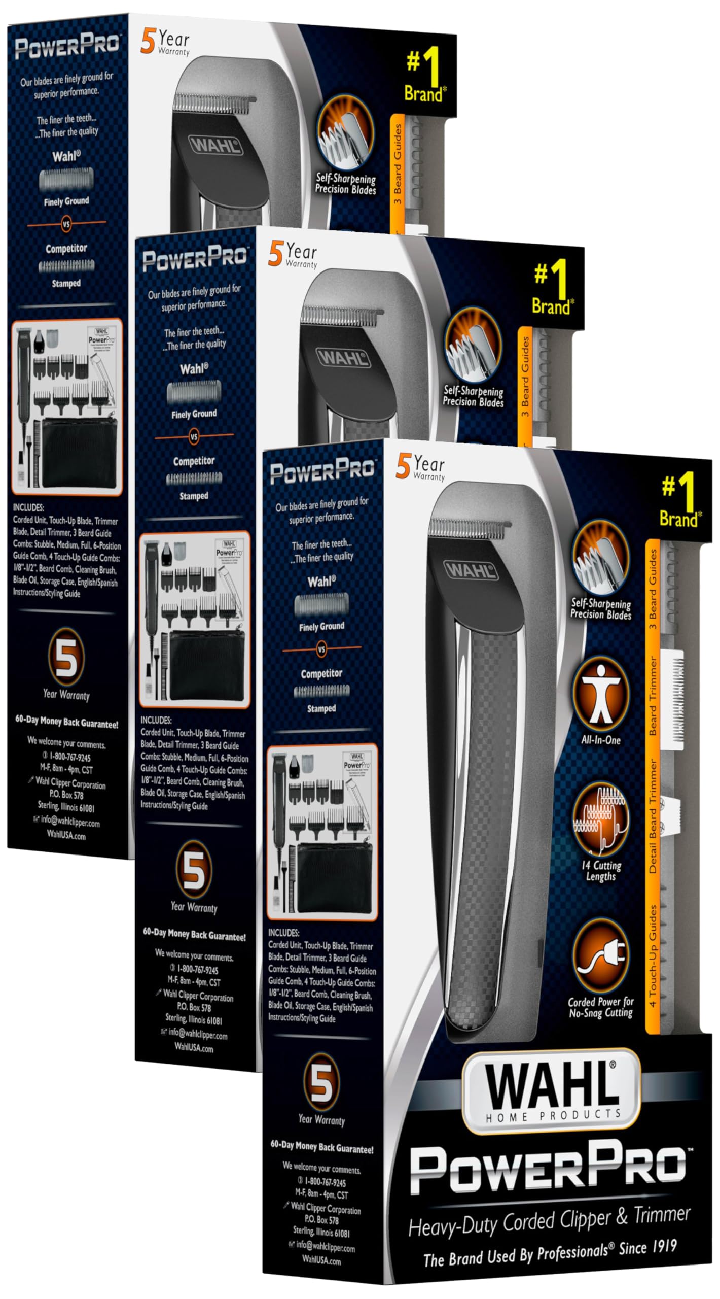 Wahl PowerPro Corded Detailer Trimmer Kit for Mens Grooming – for Beard, Mustache, Stubble, Ear, Nose, & Body Grooming – Model 9686, (Pack of 3)