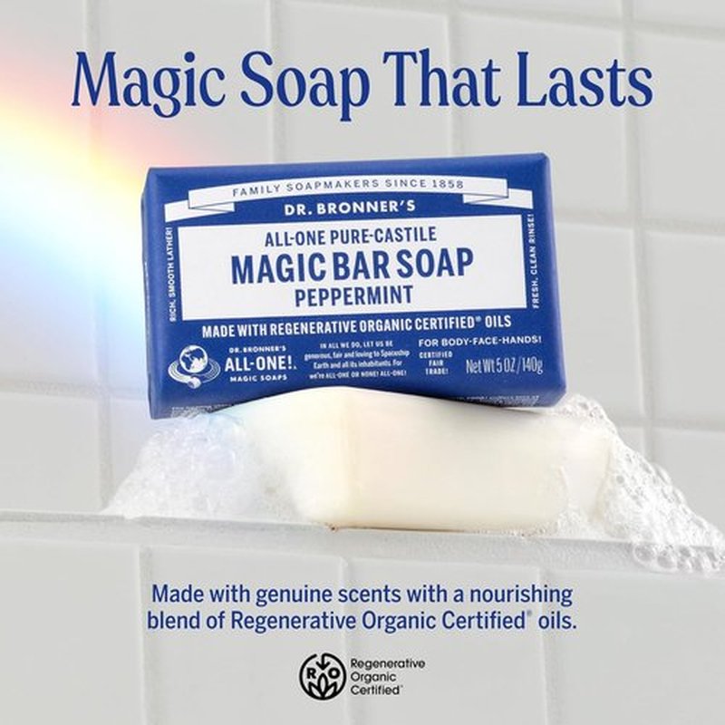 Dr. Bronner's Pure-Castile Soap Bars - Peppermint, 5oz, 2-Pack | Gentle, Vegan & Non-GMO for Face & Body