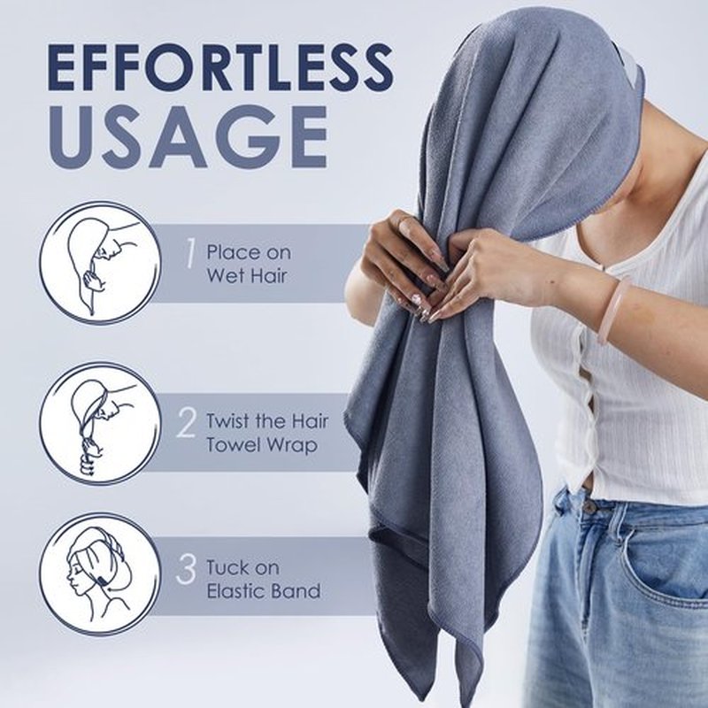 SimpleField Large Microfiber Hair Towel Wrap for Women (27x40 Inches). Anti Frizz Rectangle Fast Drying Towel with Elastic Band for Long, Curly, and Thick Hair. Includes Reusable Carry Bag (Grey)