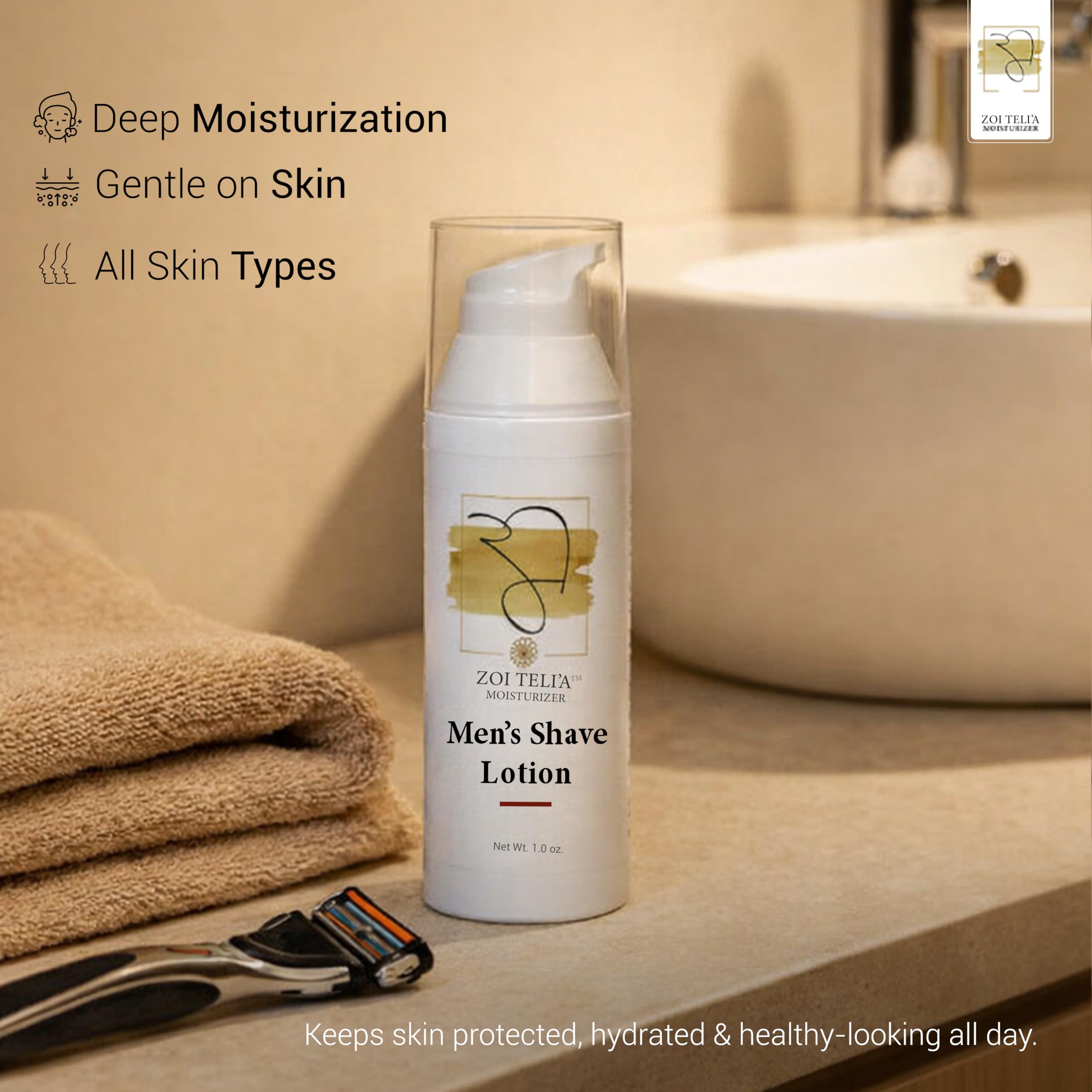 Zoi Teli'a Men’s After Shave Lotion Balance Deep Moisturize, Hydrate & Gentle on Skin with Cucumber, Coconut Oil & Glycerin - Fast Absorbing, Non-Sticky Skin Care Formula for Daily Use – 1.7 Oz