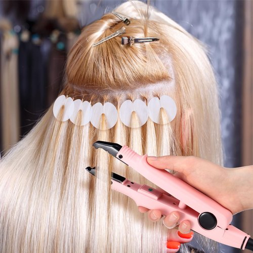 Lanties Hair Extensions Iron Fusion Keratin Hair Extensions Heat Tool Heat Connector Wand with Fusion Glue Protector Template Hair Clip Finger Protector 2 Bag Keratin Glue Granule Bead(Light Pink)