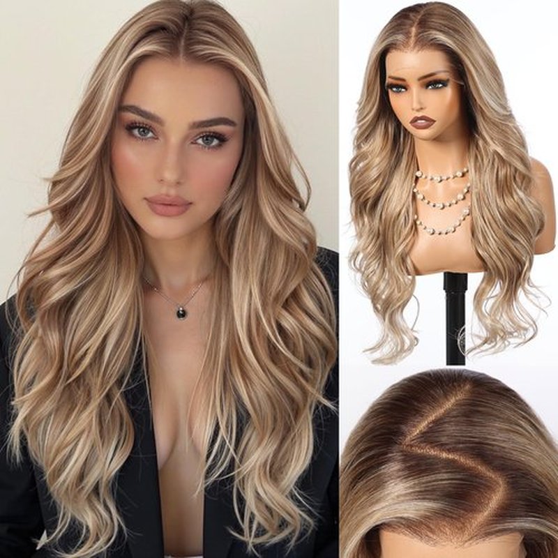HAIRCUBE 13×6 Glueless Lace Front Wavy Wig, 26 Inch Lace Synthetic Wigs for Women Brown Highlights Color