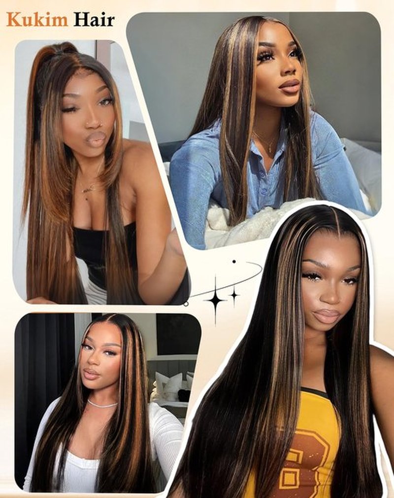 KUKIM 30 Inch Ombre Straight Wigs Human Hair 13x6 HD Transparent Lace Front Wigs Human Hair Pre Plucked 200 Density Highlight Real frontal Wig Can Last 6-9 Months Tangle-Free Natural Black for Women