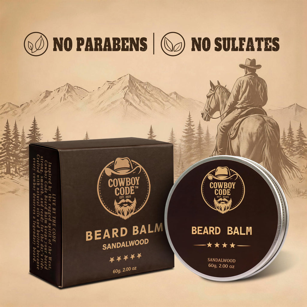 Cowboy Code Beard Balm for Men - Sandalwood Beard Balm - Medium Hold Beard Butter Conditioner - Softens, Moisturizes & Tames Beard - Beeswax, Shea Butter, Argan & Jojoba Oil - 2 Oz Natural